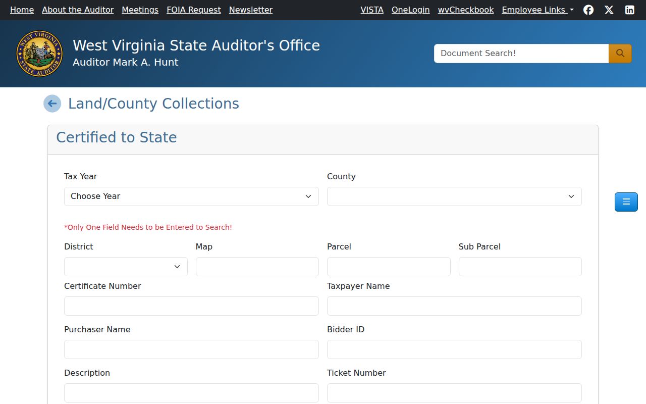 Braxton delinquent property tax records in the State Auditor collections search
