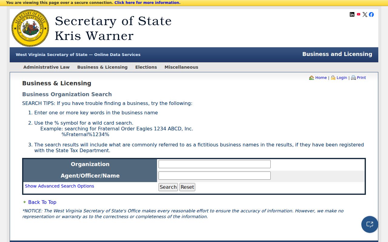 Braxton property owner entity lookup in the West Virginia business search