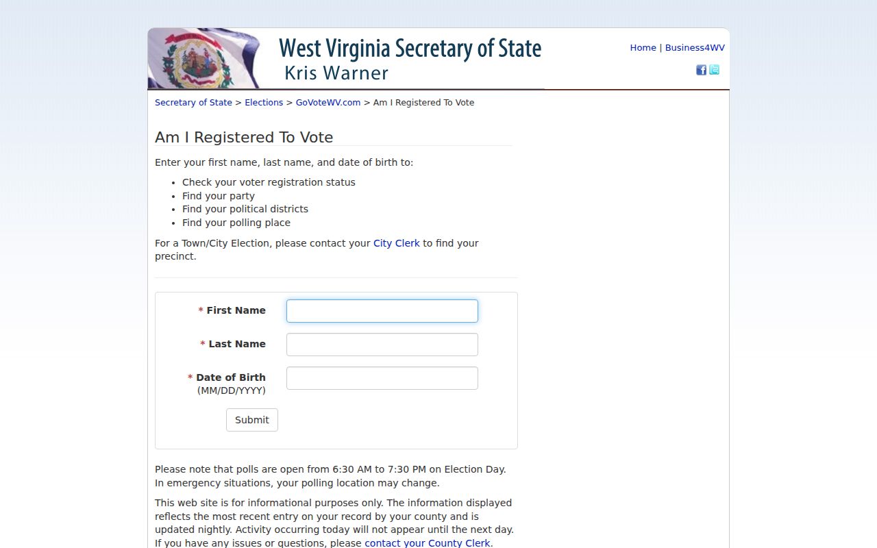 Braxton owner lookup boundary with separate West Virginia voter registration fields
