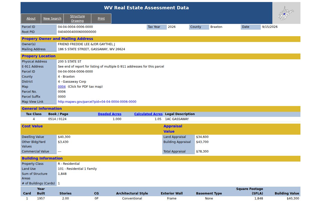 Braxton property search result card with address, owner, building, and value fields
