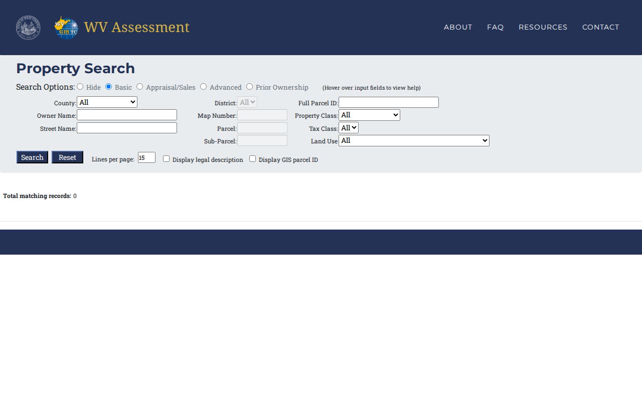 Braxton property records search fields in the WV assessment portal