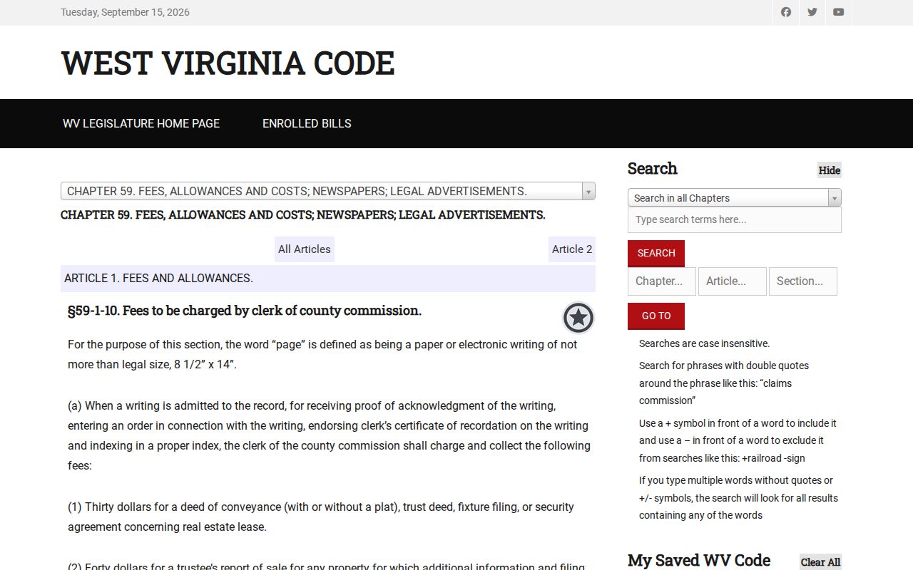 Braxton deed record fees under West Virginia Code section 59-1-10